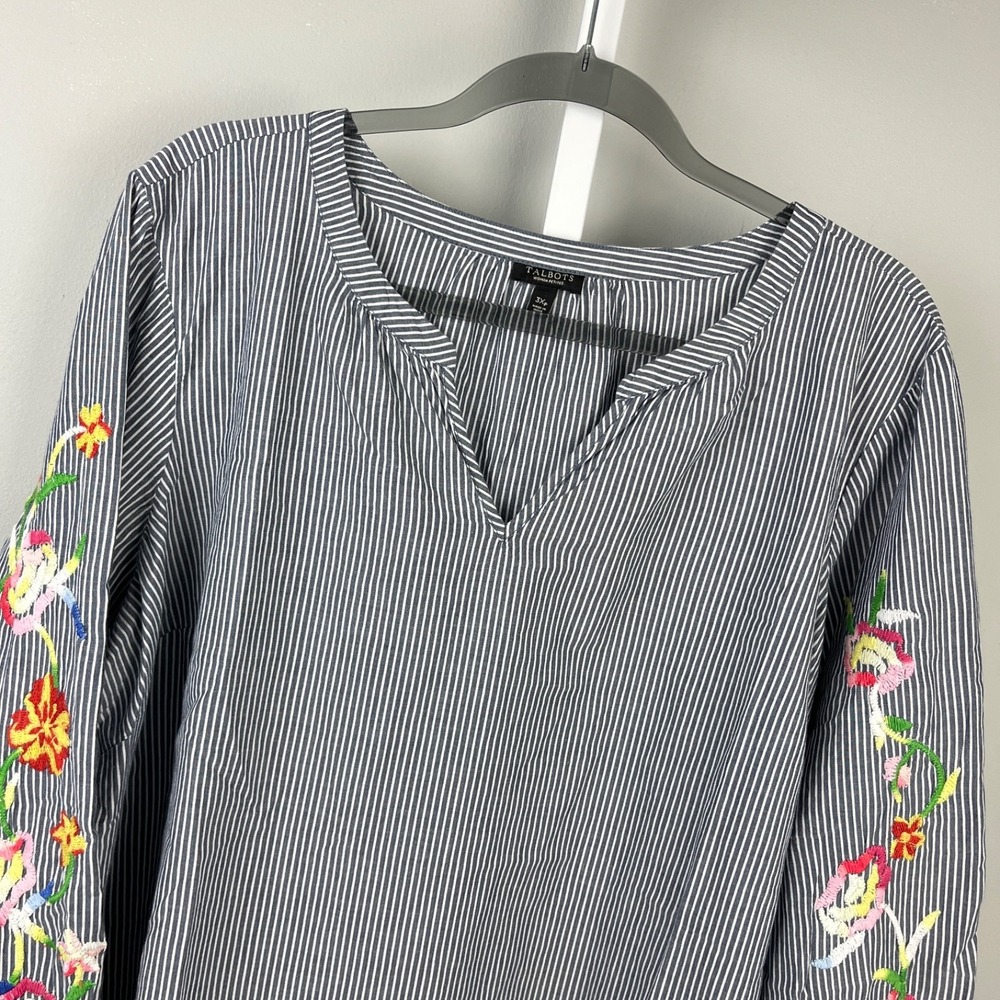 Talbots Woman Petites‎ Boho Top Blouse Womens 3XP Stripe Floral Embroidered